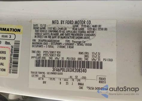 2013 Ford Fusion Hybrid Se from USA, damaged, VIN 3FA6P0LUXDR208340